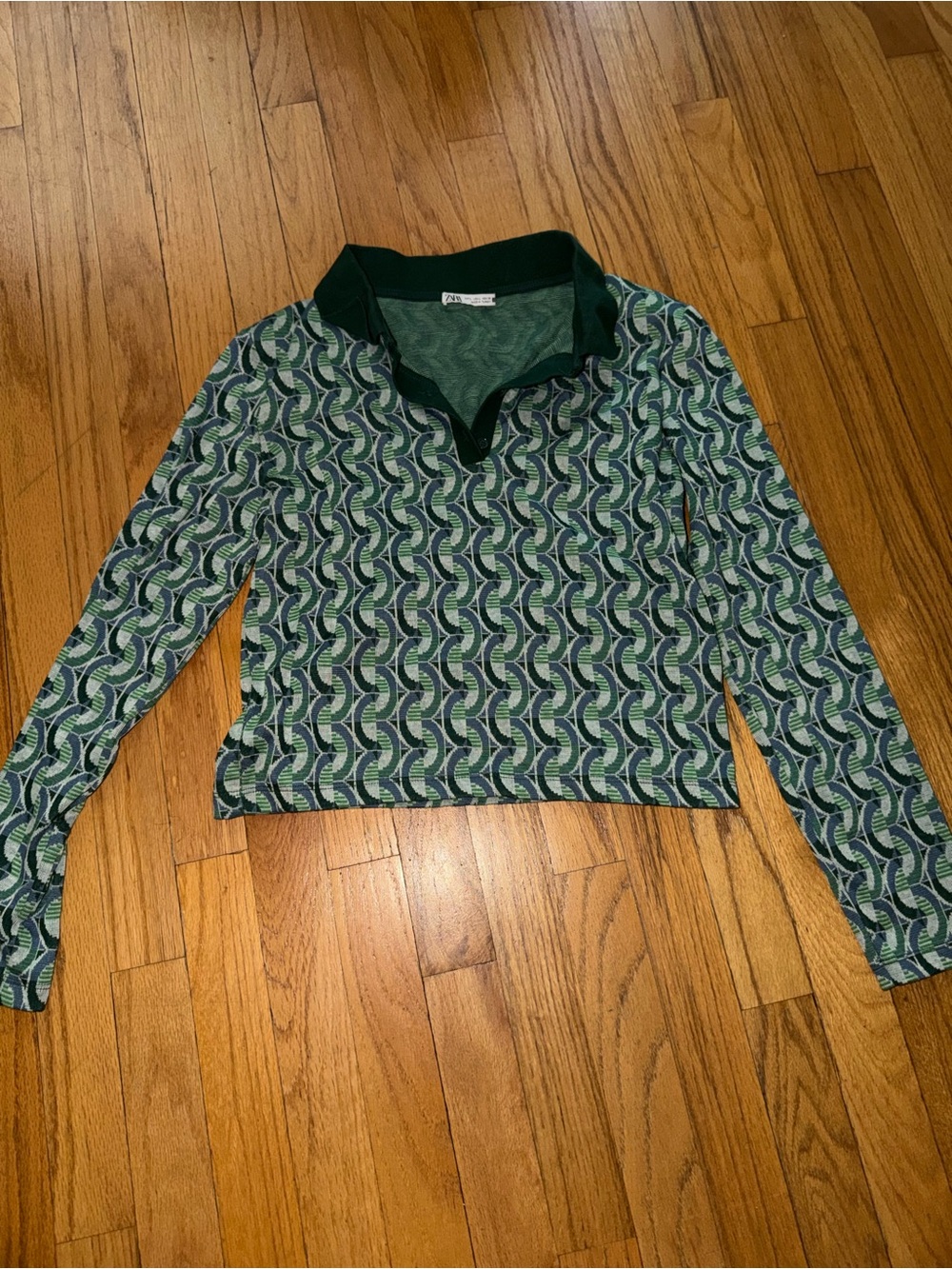 Zara Green Navy Patterned Long Sleeve Polo Top